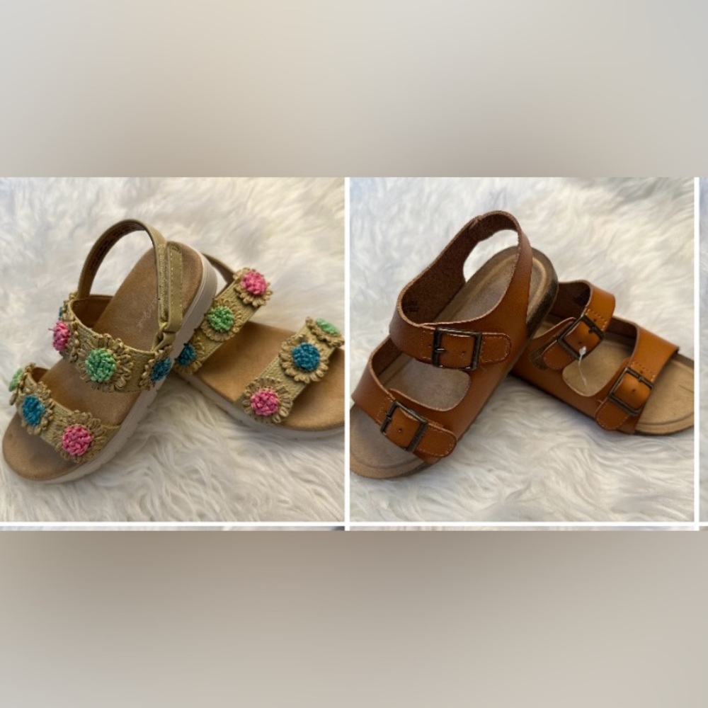 2 pair set Cat & Jack, Kids Sandals with Floral and Buckle Design, Brown SIZE 11